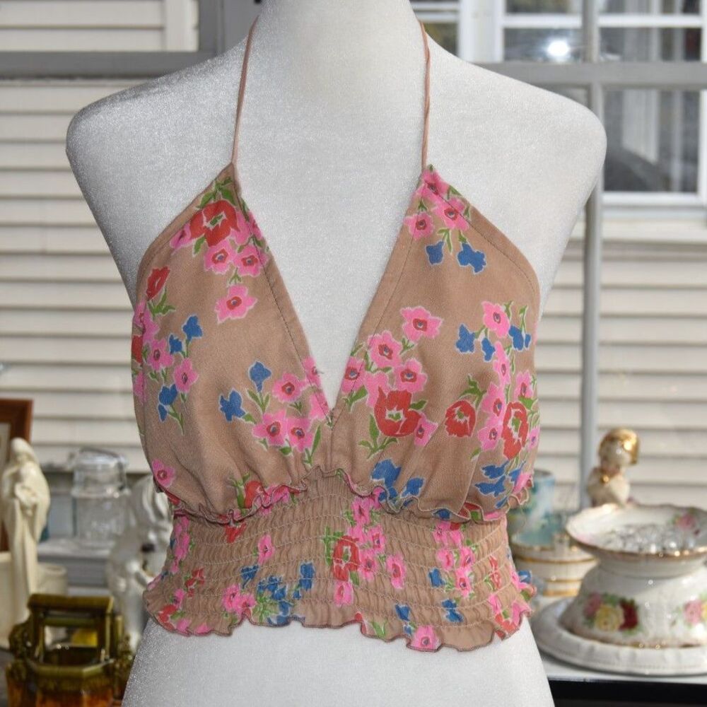 Y2K Floral Halter Crop Top Smocked Waist Boho Festival Tan Pink Blue Large